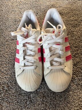 adidas White Sneakers with Pink Stripes